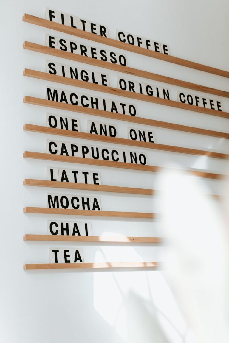 Stylish menu board displaying various coffee types at a café in Lancaster, PA.